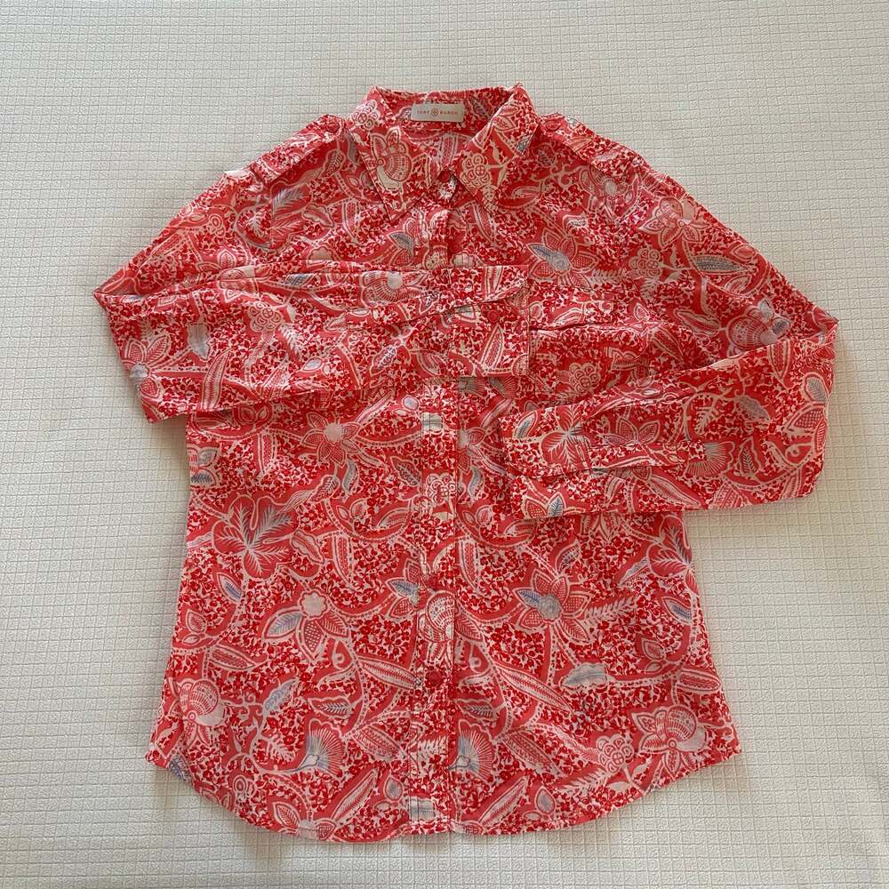 Tory Burch Coral White Floral paisley Brigitte Long Sleeve Blouse Size US6